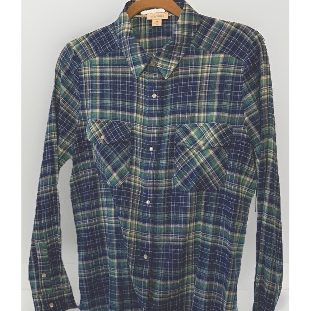 Sundance Cotton Blue Plaid Pearl Button Up Coastal Weekend Western Shirt Medium - Picture 9 of 15